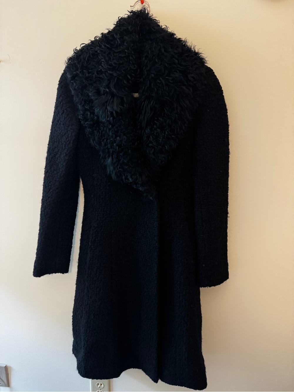 DAWN LEVY Black Wool Coat with Genuine Curly Lamb Fur Collar